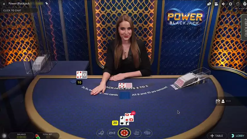 smiling live female dealer in power blackjack game