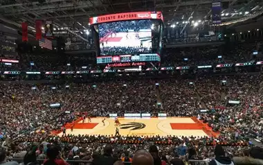 A general shot of the interior of the Scotiabank Arena while the Toronto Raptors play