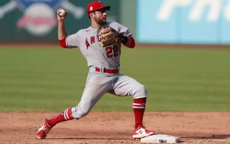 Los Angeles Angels short stop David Fletcher throwing a ball