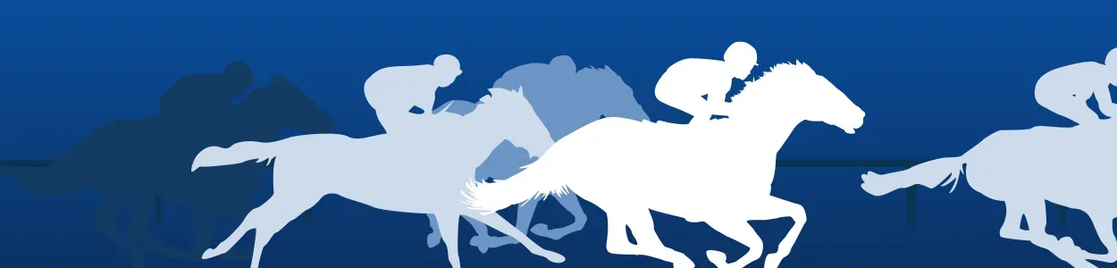 A stylized image of a horse race in a white silhouette and blue background