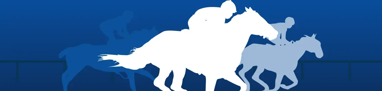 A stylized image of a horse race in a white silhouette and blue background second stage