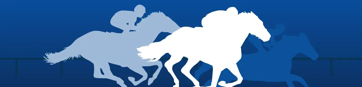 A stylized image of a horse race in a white silhouette and blue background third stage