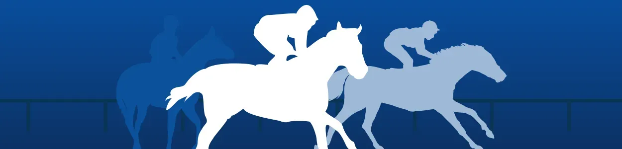 A stylized image of a horse race in a white silhouette and blue background fourth stage