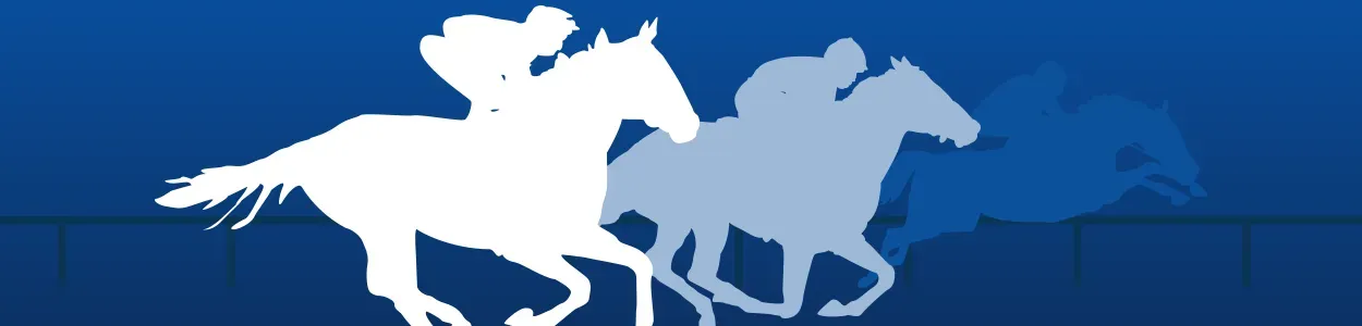 A stylized image of a horse race in a white silhouette and blue background fifth stage