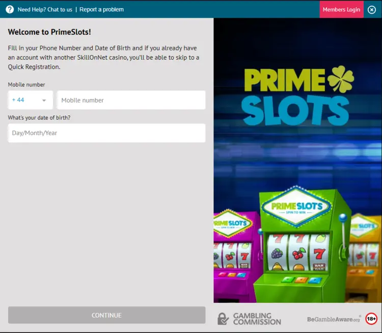 Prime Slots Sign up Form