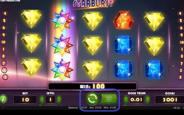 Screenshot of Starburst slot game with a blue highlight around the autoplay feature
