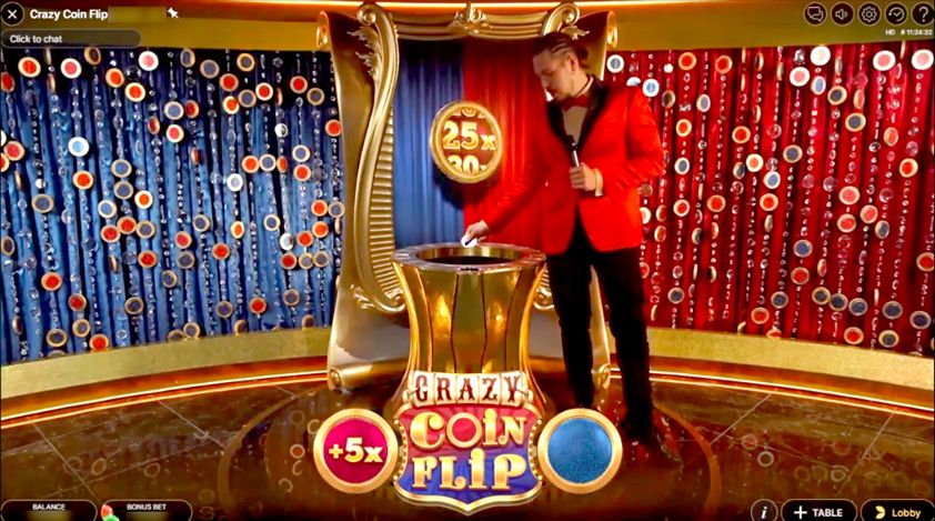 crazy coin flip live host in red