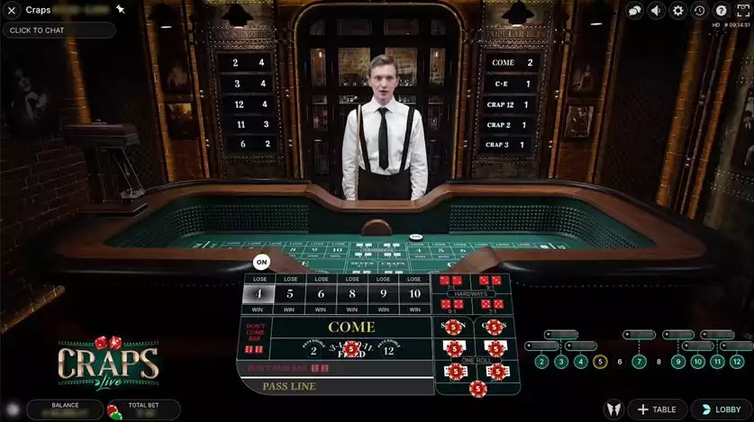 live dealer in a craps table game